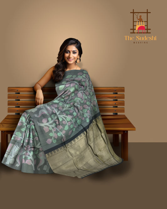 Black Kanchipuram Silk Saree with Elephant and Tree Pattern – Borderless Design
