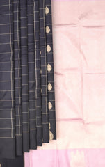 Black Kanchipuram Silk Saree with Checked Body and Light Pink Motif Border