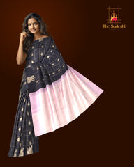Black Kanchipuram Silk Saree with Checked Body and Light Pink Motif Border