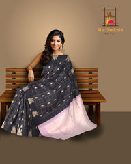 Black Kanchipuram Silk Saree with Checked Body and Light Pink Motif Border
