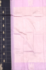Black Kanchipuram Silk Saree with Checked Body and Light Pink Motif Border