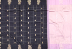 Black Kanchipuram Silk Saree with Checked Body and Light Pink Motif Border