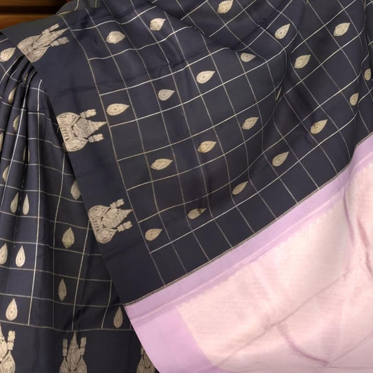 Black Kanchipuram Silk Saree with Checked Body and Light Pink Motif Border