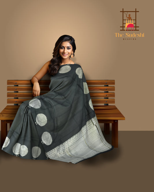 Black Borderless Kanchipuram Silk Saree with Peacock Motif