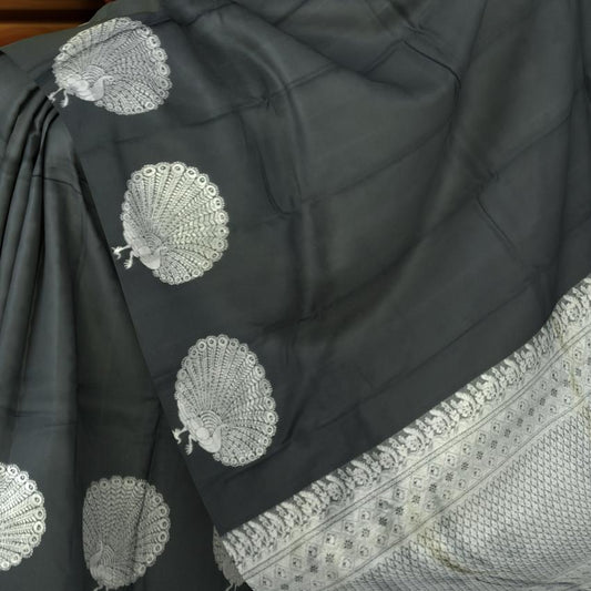Black Borderless Kanchipuram Silk Saree with Peacock Motif