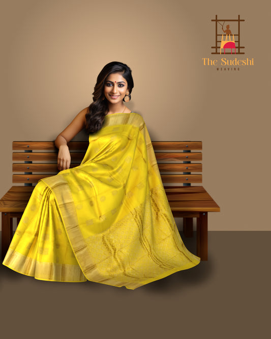 Light Yellow Kanchipuram Silk Saree with Intricate Motifs