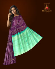 Deep Plum Borderless Kanchipuram Silk Saree with Vertical Pattern and Cyan Blue Pallu