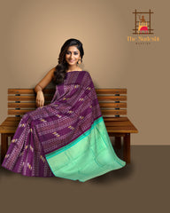 Deep Plum Borderless Kanchipuram Silk Saree with Vertical Pattern and Cyan Blue Pallu