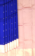 Royal Blue Kanchipuram Silk Saree with Light Pink Border and Bhuttas