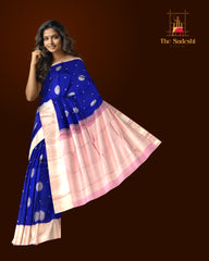 Royal Blue Kanchipuram Silk Saree with Light Pink Border and Bhuttas