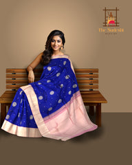 Royal Blue Kanchipuram Silk Saree with Light Pink Border and Bhuttas