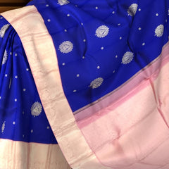Royal Blue Kanchipuram Silk Saree with Light Pink Border and Bhuttas