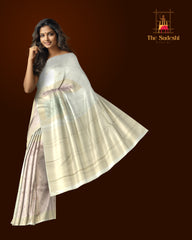 Offwhite Kanchipuram Silk Saree with Meenakari Floral Border and Tear-Shaped Bhuttas