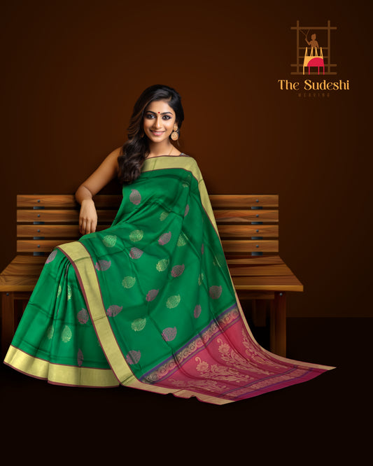 Dark Green Kanchipuram Silk Saree with Exquisite Threadwork Bhutta - A Regal Ensemble