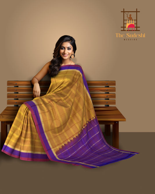 Mustard Yellow Kanchipuram Silk Saree with Horizontal Lines & Multi-Color Accents - Modern Traditional