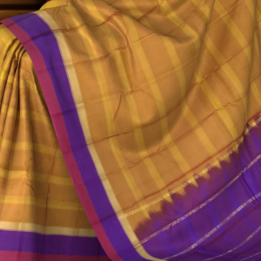 Mustard Yellow Kanchipuram Silk Saree with Horizontal Lines & Multi-Color Accents - Modern Traditional