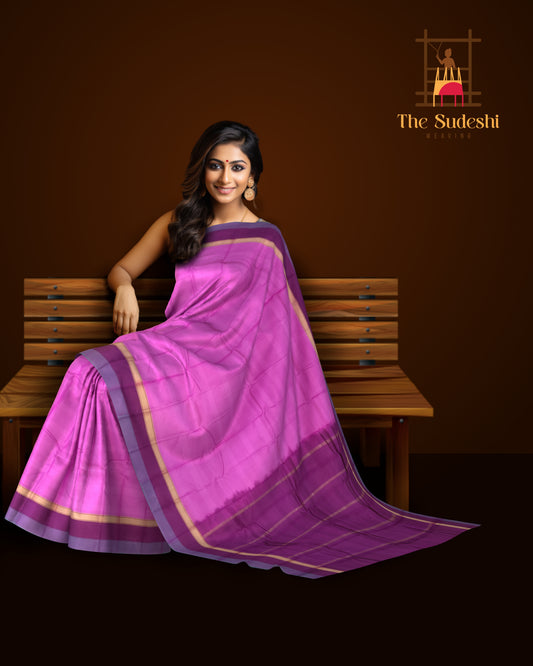 Pretty Pink Kanchipuram Silk Saree with Horizontal Lines & Dark Purple Accents - Contemporary Grace