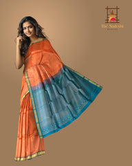 Peach & Light Blue Small Butta Kanchipuram Silk Saree