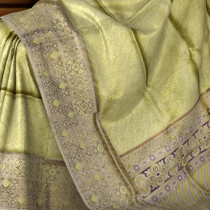 Elachi Green & Purple Brocade Meenakari Kanchipuram Silk Saree