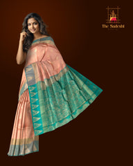 Light Peach & Sea Green Butta Kanchipuram Silk Saree