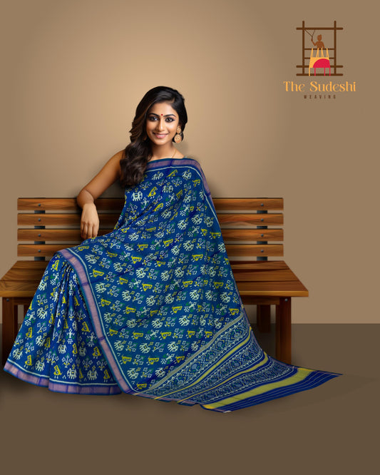 Green Blue Spaced Hathi Popat Regular Rajkot Patola Saree