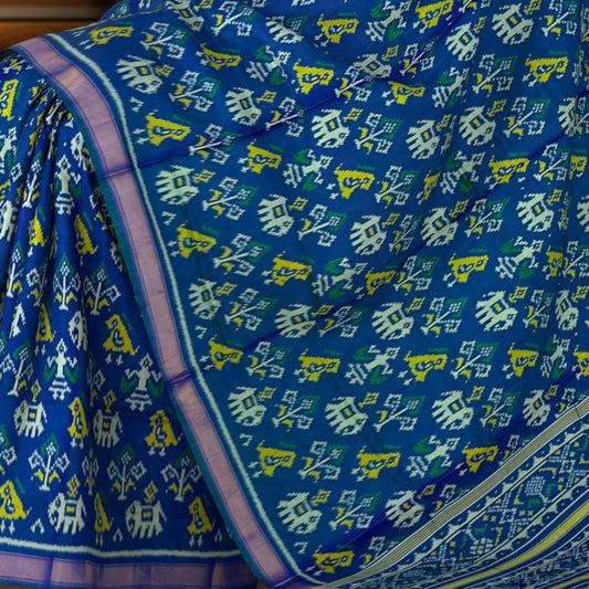 Green Blue Spaced Hathi Popat Regular Rajkot Patola Saree