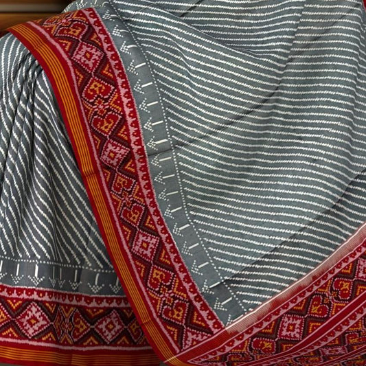 Grey White Laheriya Semi Patan Saree