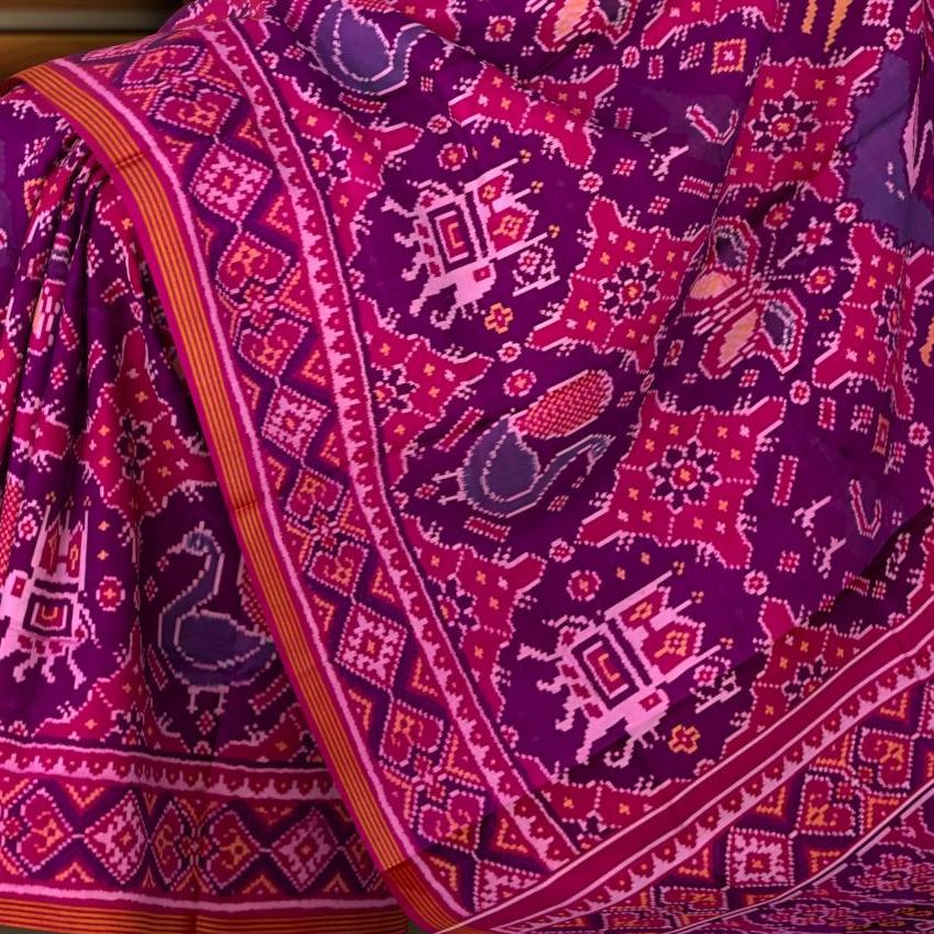 Red Blue Pink Ringni Tal Chabdi Semi Patan Saree