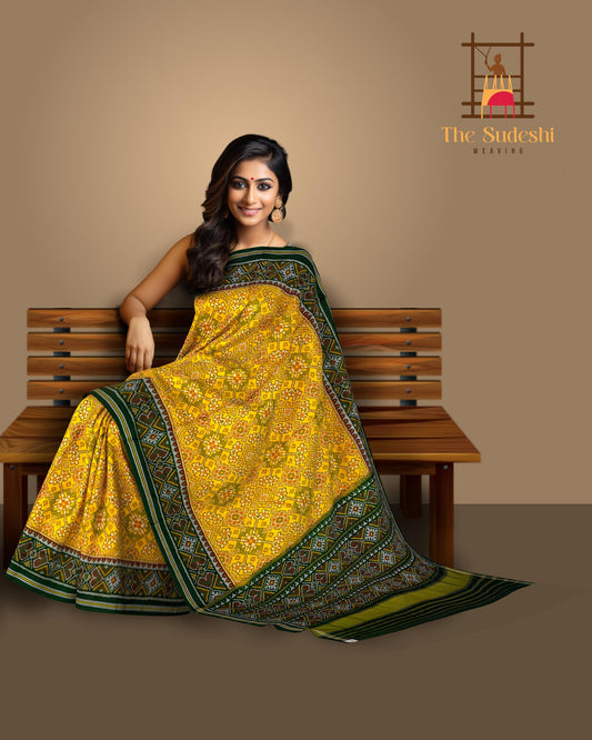 Yellow Green Navratna Semi Patan Saree