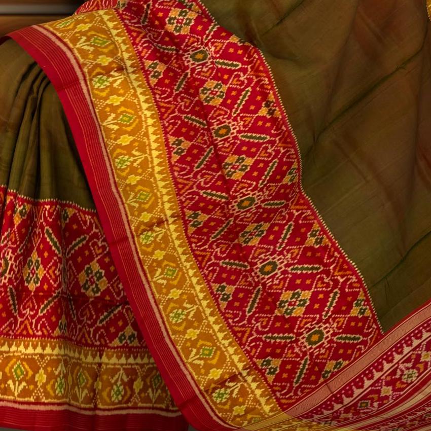 Red Maroon Green Skirt Border Patola Saree