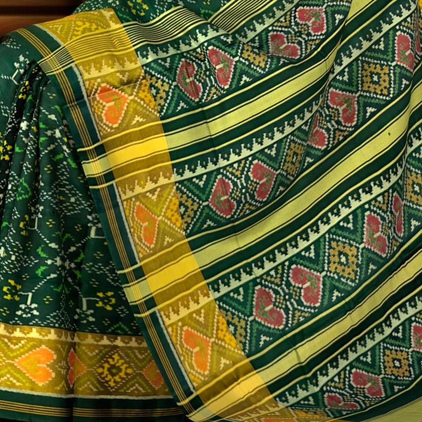 Green Single Ikat Rajkot Patola Saree with Navratna Design