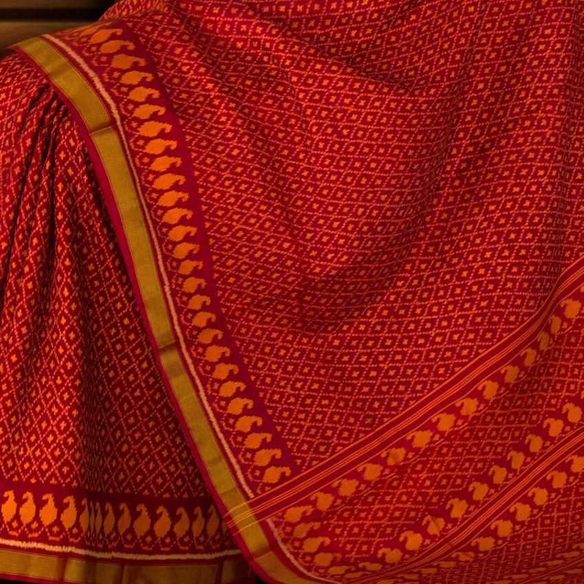 Red Single Ikat Rajkot Patola Saree with Daliyabhat and Mango Dandi Design