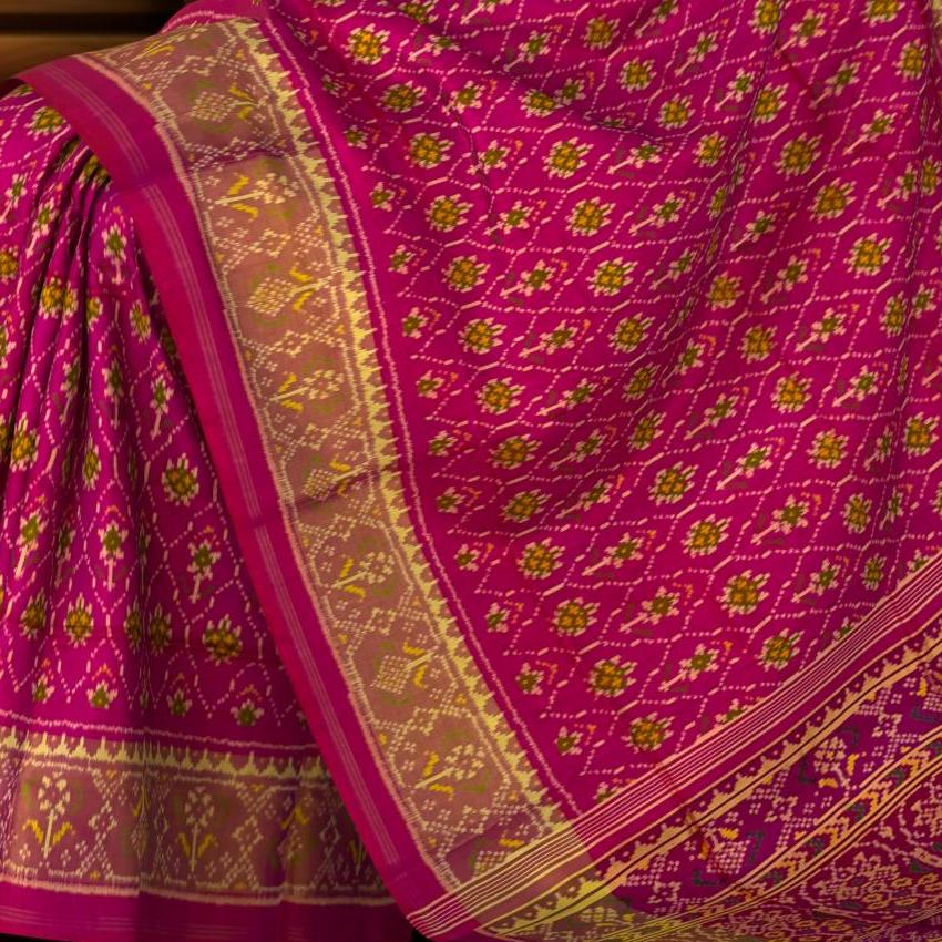 Red Pink Single Ikat Rajkot Patola Saree with Phool Jhaad Daliyabhat Design