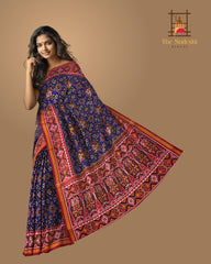 Single Ikat Semi Patan Patola Saree in Navy Blue with Navratna Hathi Border Pallu