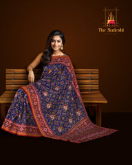 Single Ikat Semi Patan Patola Saree in Navy Blue with Navratna Hathi Border Pallu