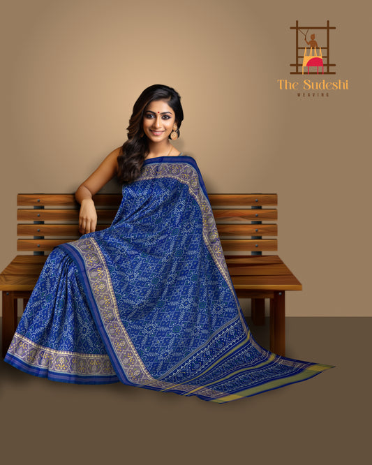 Ramagreen Blue Daliyabhat Border Pallu Chelari Single Ikat Rajkot Patola Saree