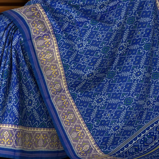 Ramagreen Blue Daliyabhat Border Pallu Chelari Single Ikat Rajkot Patola Saree