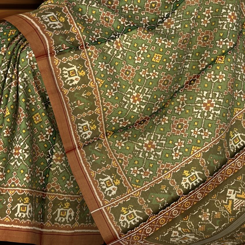 Green Mahendi Single Ikat Rajkot Patola Saree with Tissues