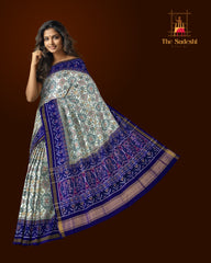 Royal Blue Off White Single Ikat Semi Patan Patola Saree