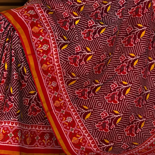 Maroon Bandhani Design Flower Single Ikat Semi Patan Patola Saree