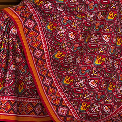 Maroon Narikunjar Tal Red Border Pallu Chelari Single Ikat Semi Patan Patola Saree