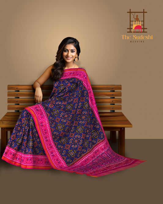 Navy Blue Navratna Border Pallu Pink Ghughro Single Ikat Semi Patan Patola Saree