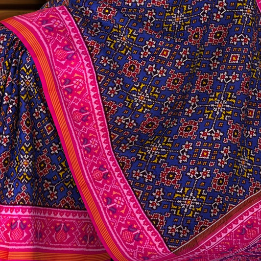 Navy Blue Navratna Border Pallu Pink Ghughro Single Ikat Semi Patan Patola Saree