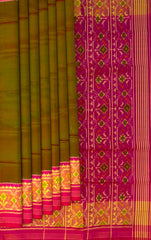 Mahendi Green Galo Border Pallu Pink Ghughro Design Single Ikat Rajkot Patola Saree