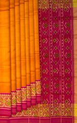 Mustard Yellow Galo Border Pallu Pink Ghughro Design Single Ikat Rajkot Patola Saree