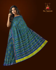 Green Blue Chandabhat Border Pallu Ghughro (LP) Single Ikat Rajkot Patola Saree