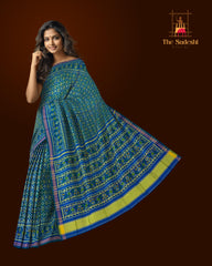 Green Blue Buttonphool Border Pallu Ghughro (LP) Single Ikat Rajkot Patola Saree