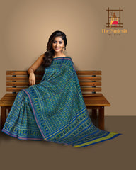 Green Blue Buttonphool Border Pallu Ghughro (LP) Single Ikat Rajkot Patola Saree