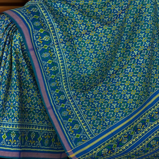 Green Blue Buttonphool Border Pallu Ghughro (LP) Single Ikat Rajkot Patola Saree