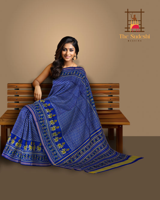 Royal Blue Zig Zag Laheriya Skirt Hathi Border Pallu Ghughro (LP) Single Ikat Rajkot Patola Saree